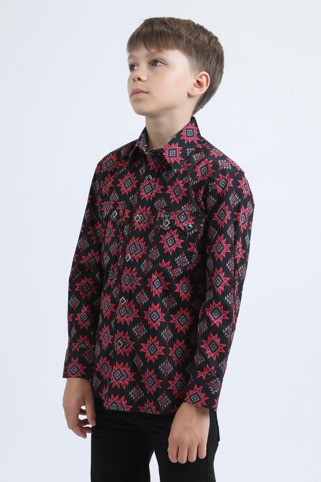 Kid's Western Modern Fit Cotton/Spandex Long Sleeve Black Shirt with Snaps
