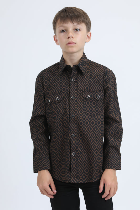 Kid's Western Modern Fit Cotton/Spandex Long Sleeve Black Shirt with Snaps