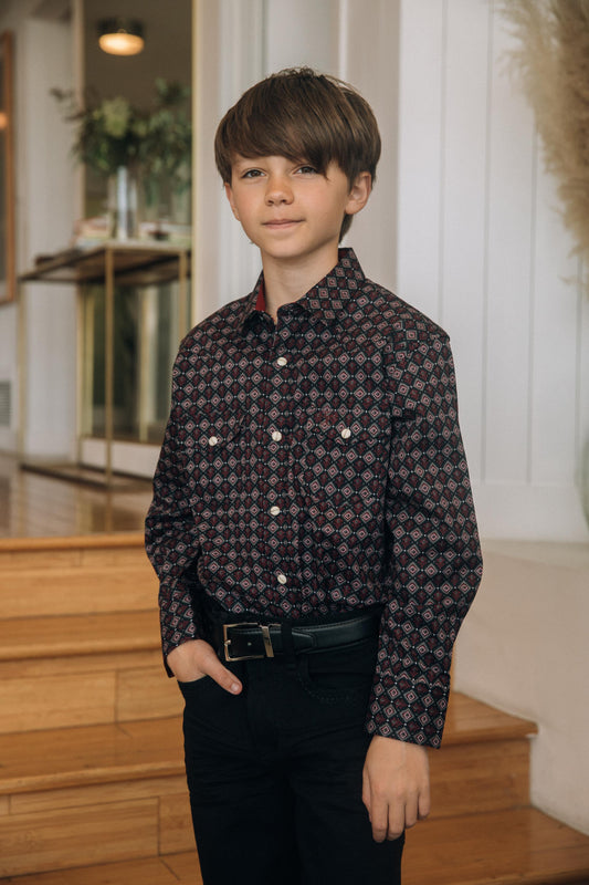 Kid's Western Modern Fit Cotton/Spandex Long Sleeve Black Shirt with Snaps