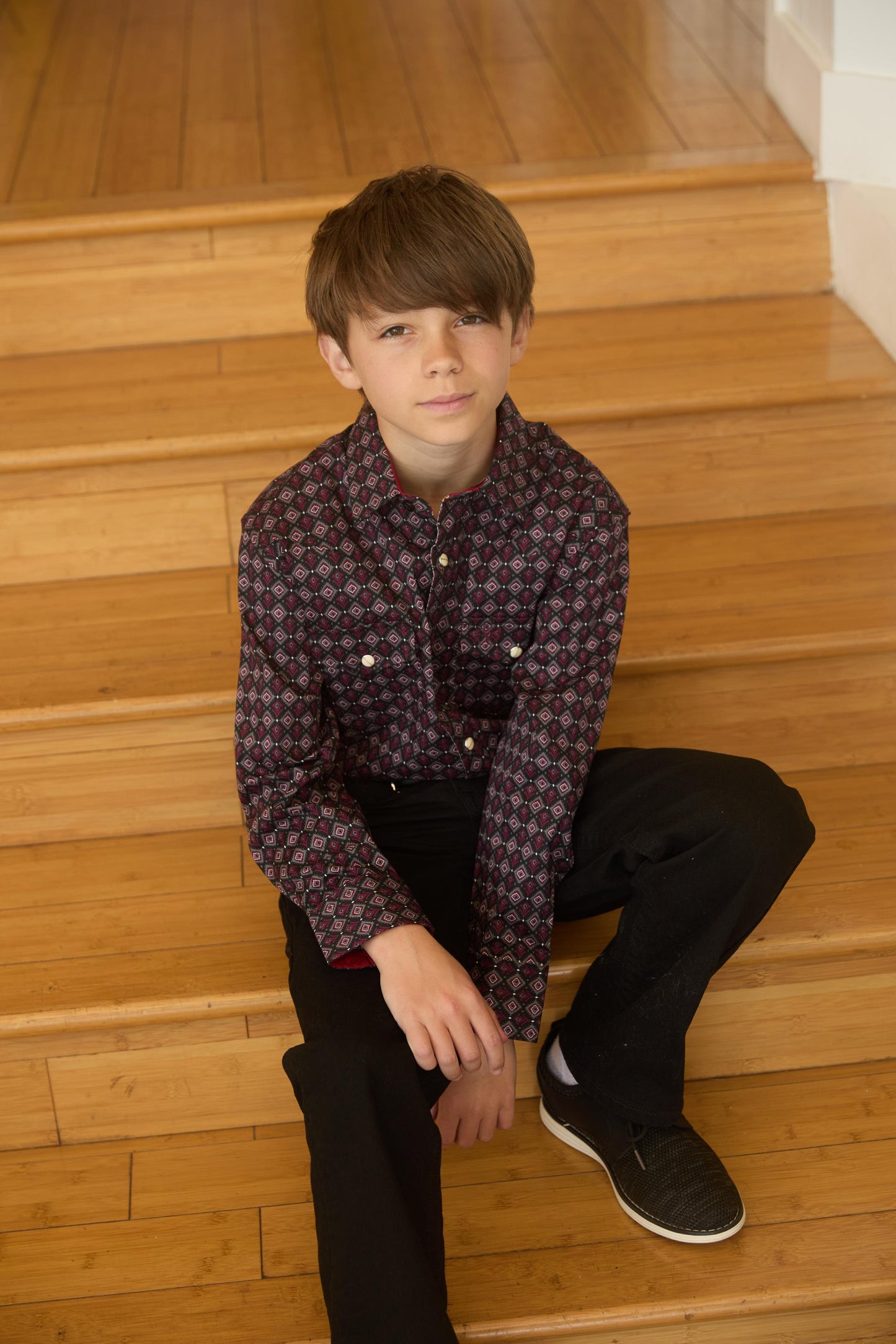 Kid's Western Modern Fit Cotton/Spandex Long Sleeve Black Shirt with Snaps