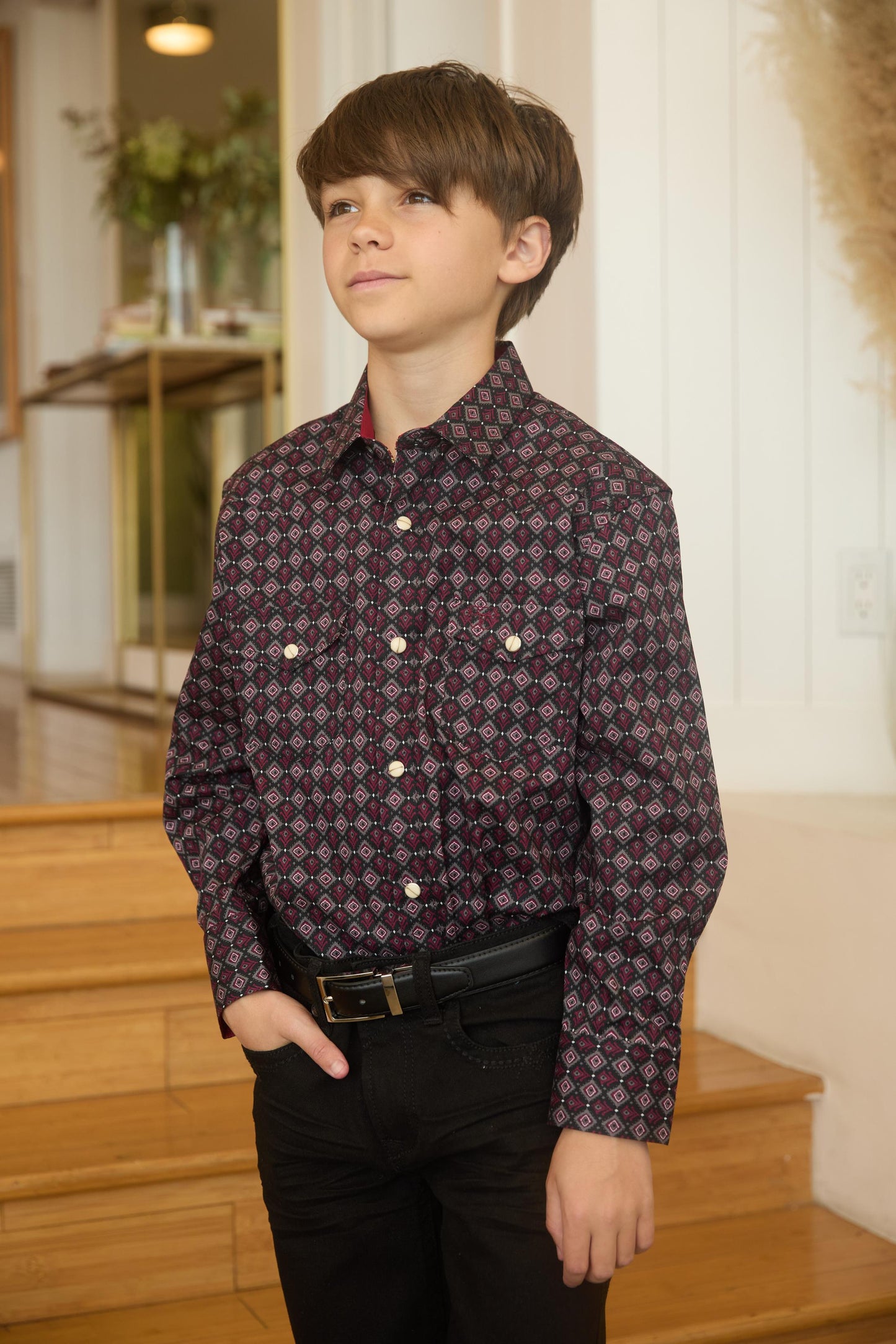 Kid's Western Modern Fit Cotton/Spandex Long Sleeve Black Shirt with Snaps
