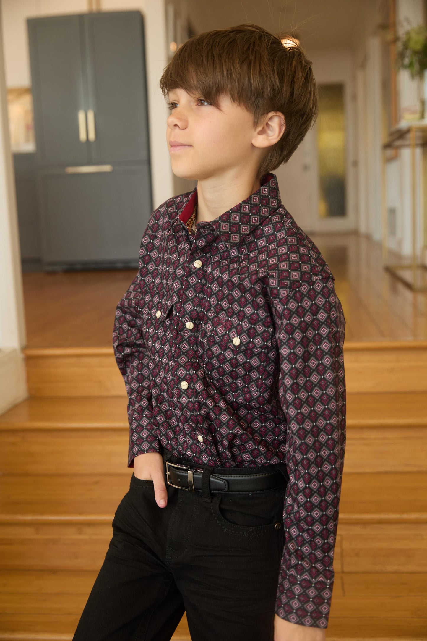 Kid's Western Modern Fit Cotton/Spandex Long Sleeve Black Shirt with Snaps