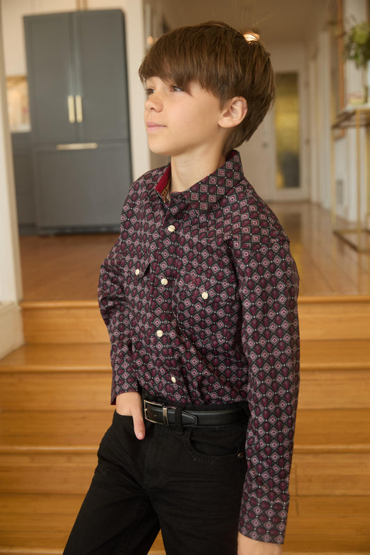 Kid's Western Modern Fit Cotton/Spandex Long Sleeve Black Shirt with Snaps