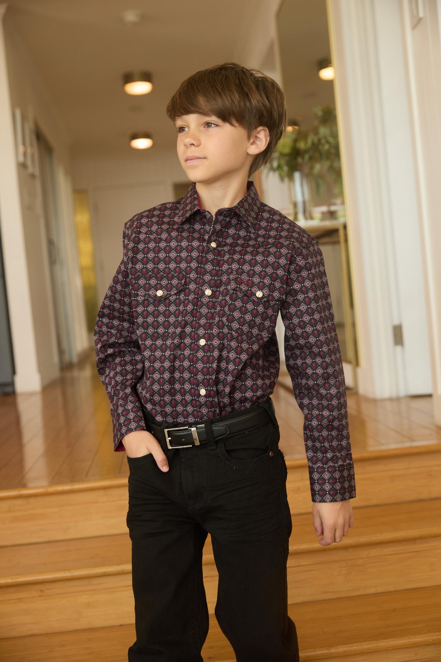 Kid's Western Modern Fit Cotton/Spandex Long Sleeve Black Shirt with Snaps