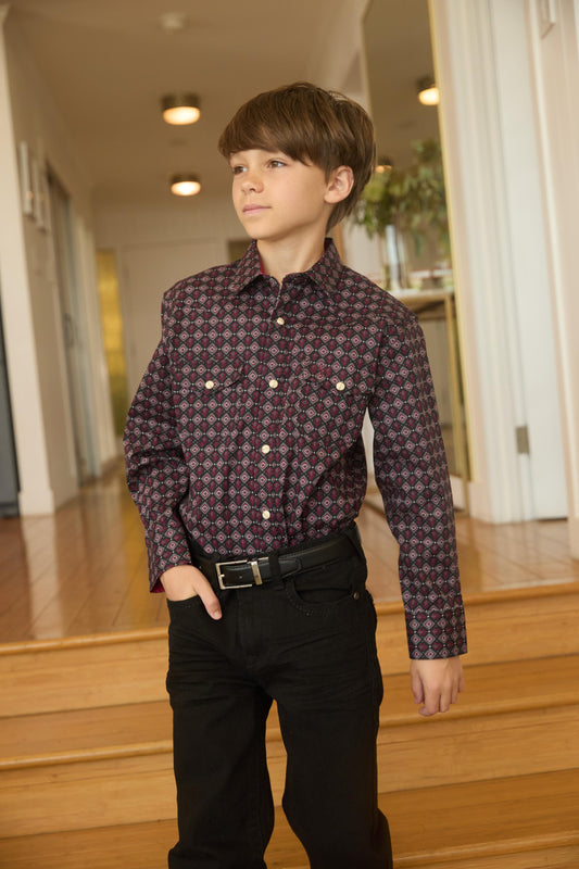 Kid's Western Modern Fit Cotton/Spandex Long Sleeve Black Shirt with Snaps
