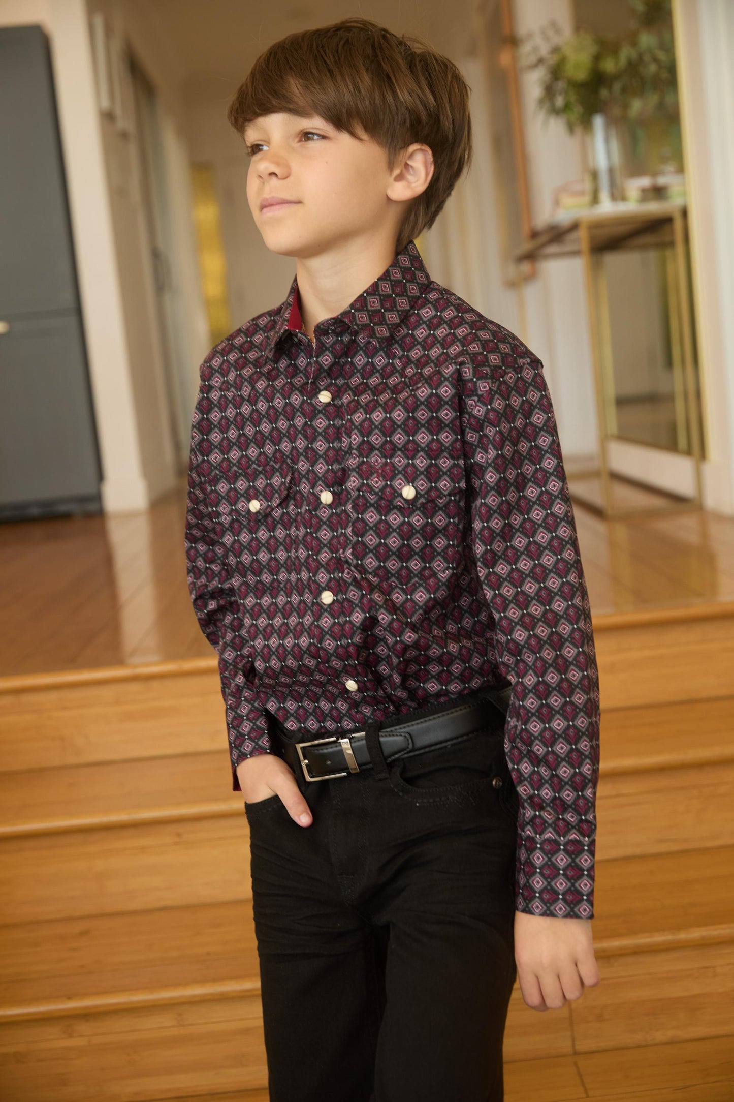 Kid's Western Modern Fit Cotton/Spandex Long Sleeve Black Shirt with Snaps