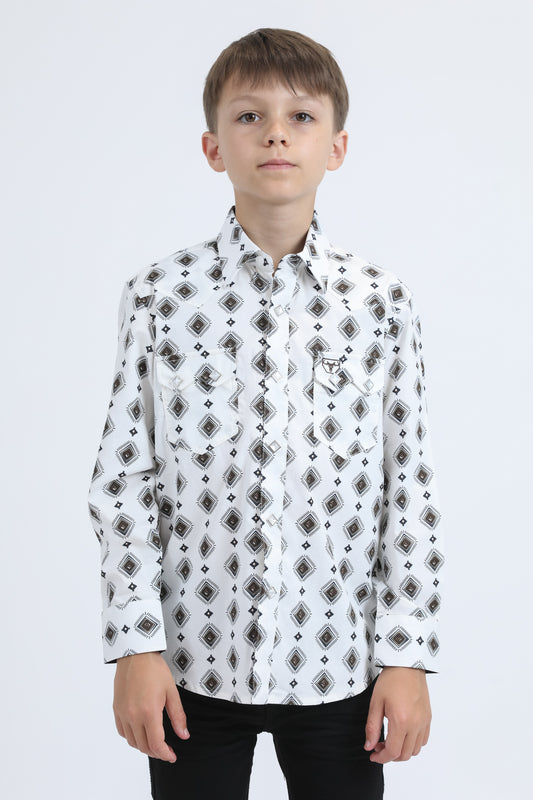 Kid's Western Modern Fit Cotton/Spandex Long Sleeve Blue Shirt with Snaps