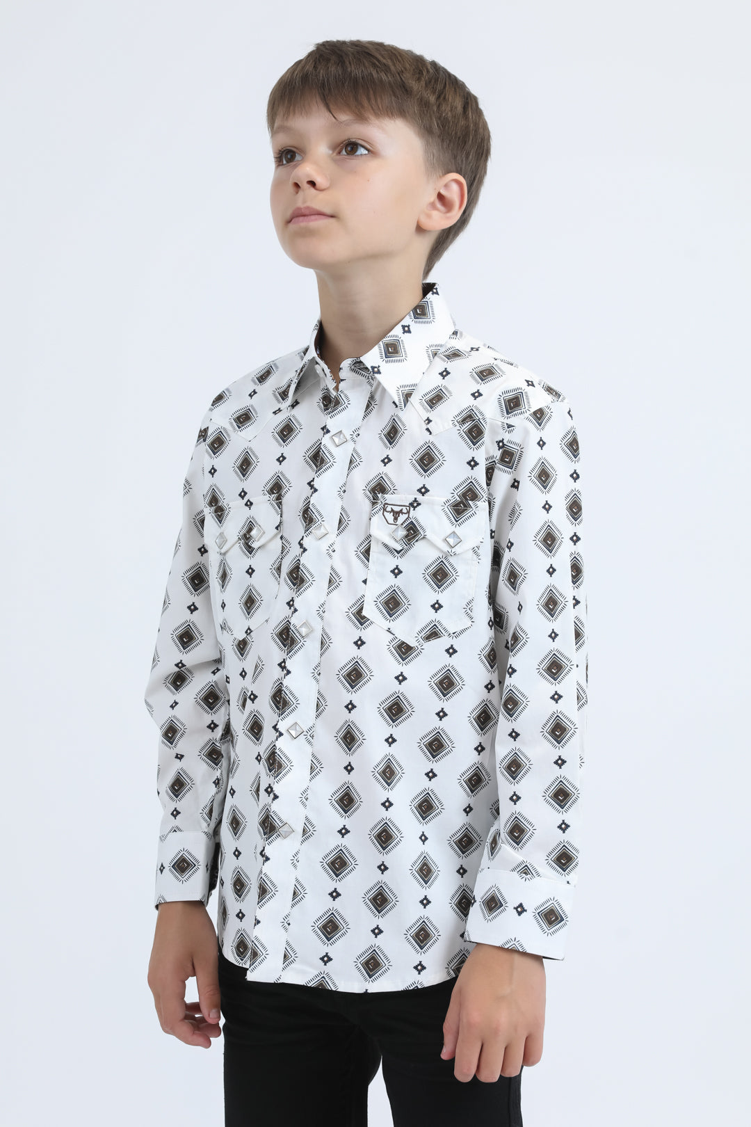 Kid's Western Modern Fit Cotton/Spandex Long Sleeve Blue Shirt with Snaps