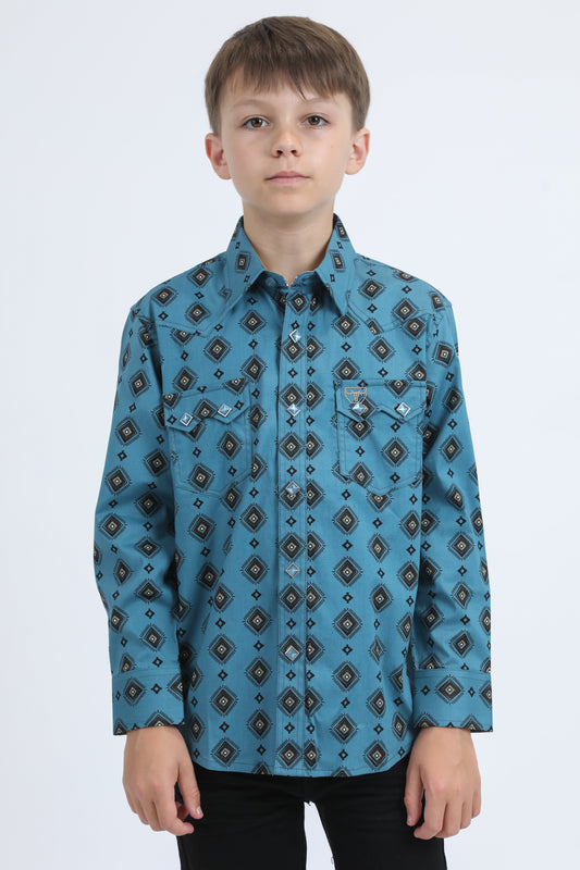 Kid's Western Modern Fit Cotton/Spandex Long Sleeve Blue Shirt with Snaps
