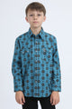 Kid's Western Modern Fit Cotton/Spandex Long Sleeve Blue Shirt with Snaps
