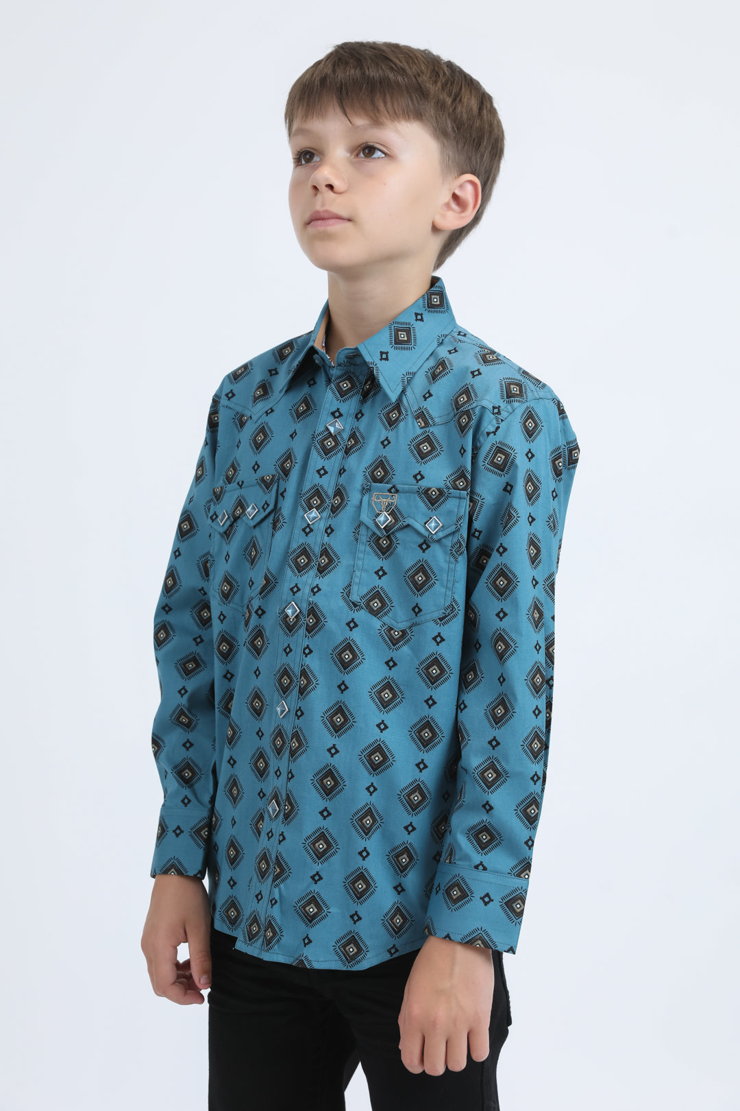 Kid's Western Modern Fit Cotton/Spandex Long Sleeve Blue Shirt with Snaps