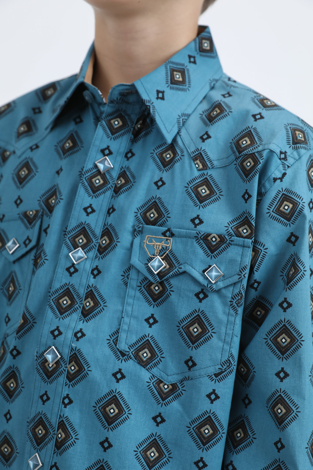 Kid's Western Modern Fit Cotton/Spandex Long Sleeve Blue Shirt with Snaps