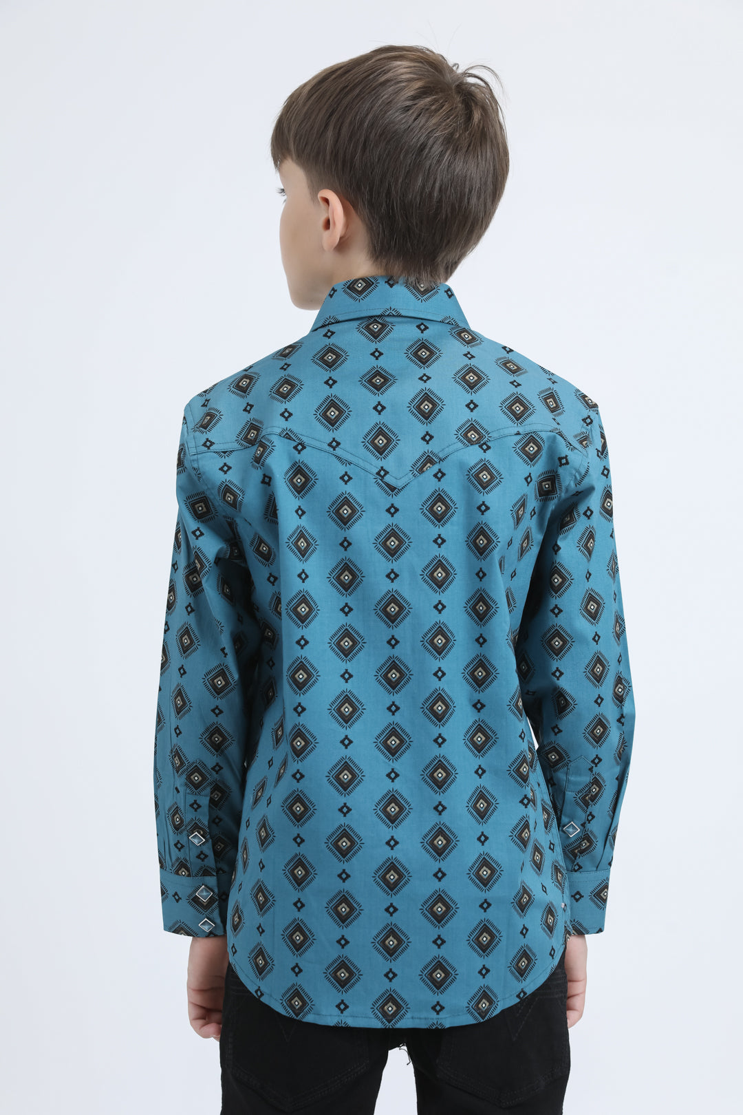 Kid's Western Modern Fit Cotton/Spandex Long Sleeve Blue Shirt with Snaps