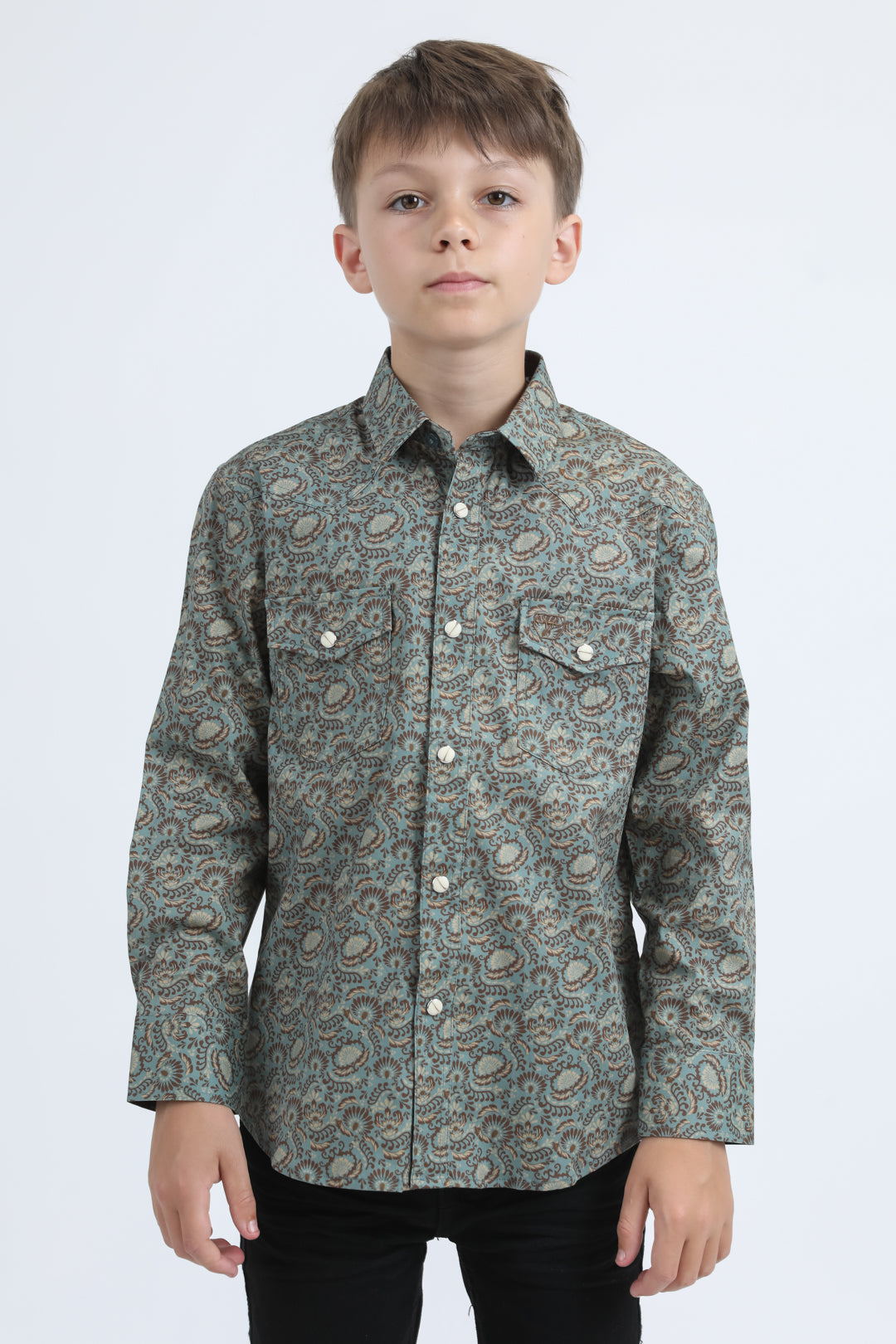 Kid's Western Modern Fit Cotton/Spandex Long Sleeve Blue Shirt with Snaps