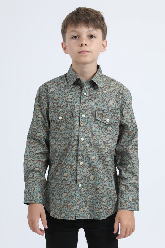 Kid's Western Modern Fit Cotton/Spandex Long Sleeve Blue Shirt with Snaps