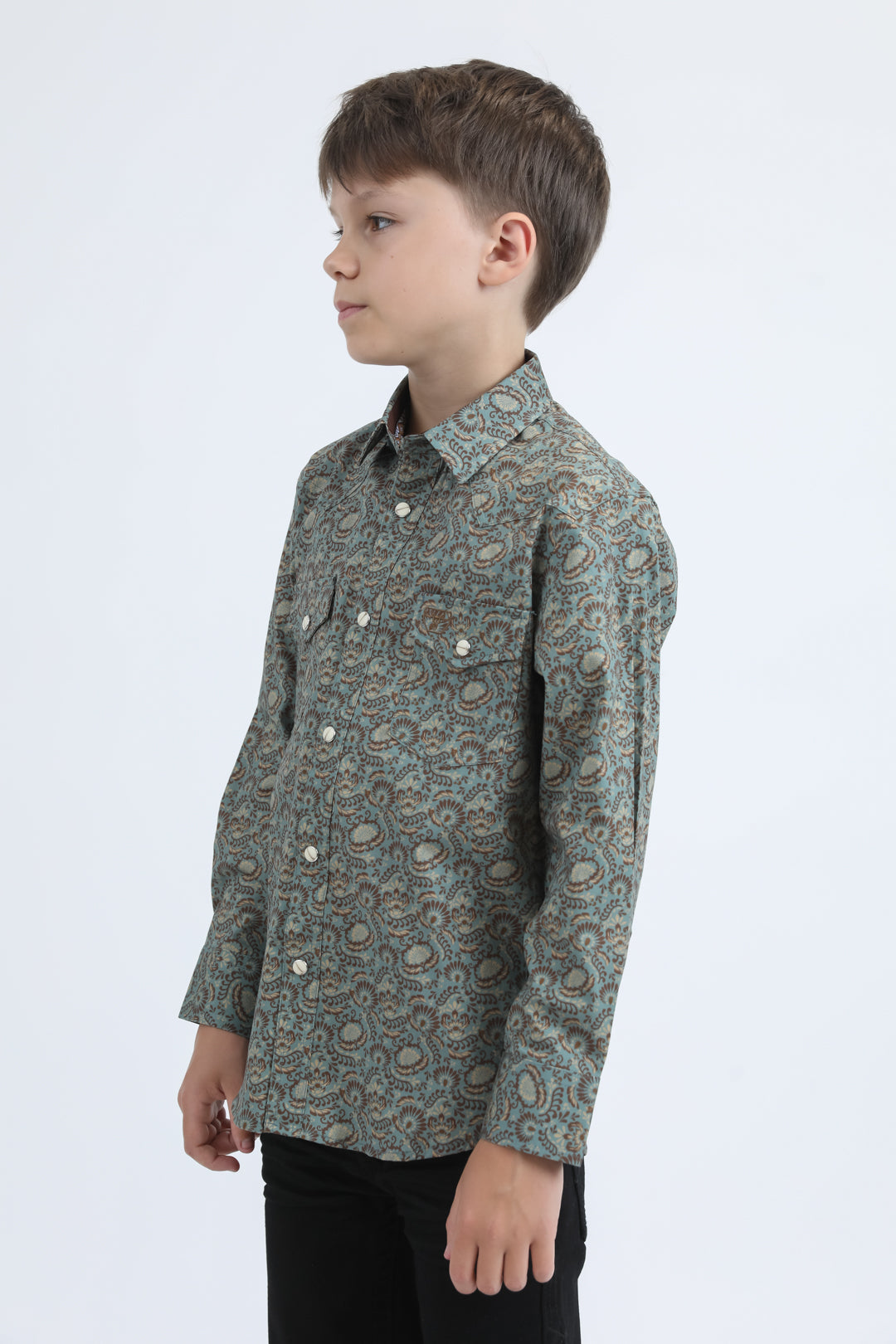 Kid's Western Modern Fit Cotton/Spandex Long Sleeve Blue Shirt with Snaps