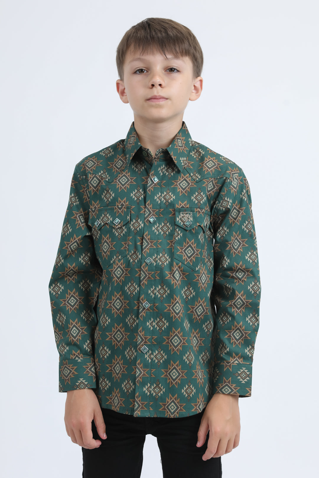 Kid's Western Modern Fit Cotton/Spandex Long Sleeve Green Shirt with Snaps