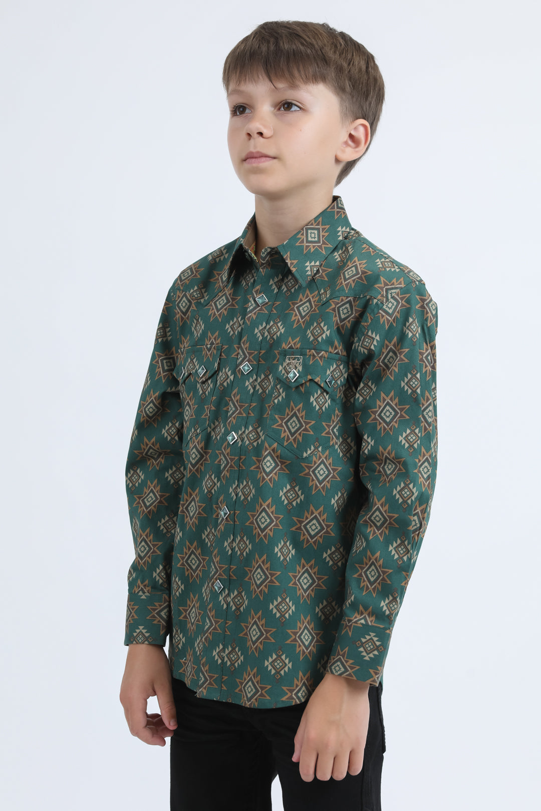 Kid's Western Modern Fit Cotton/Spandex Long Sleeve Green Shirt with Snaps