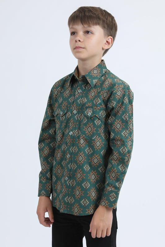 Kid's Western Modern Fit Cotton/Spandex Long Sleeve Green Shirt with Snaps
