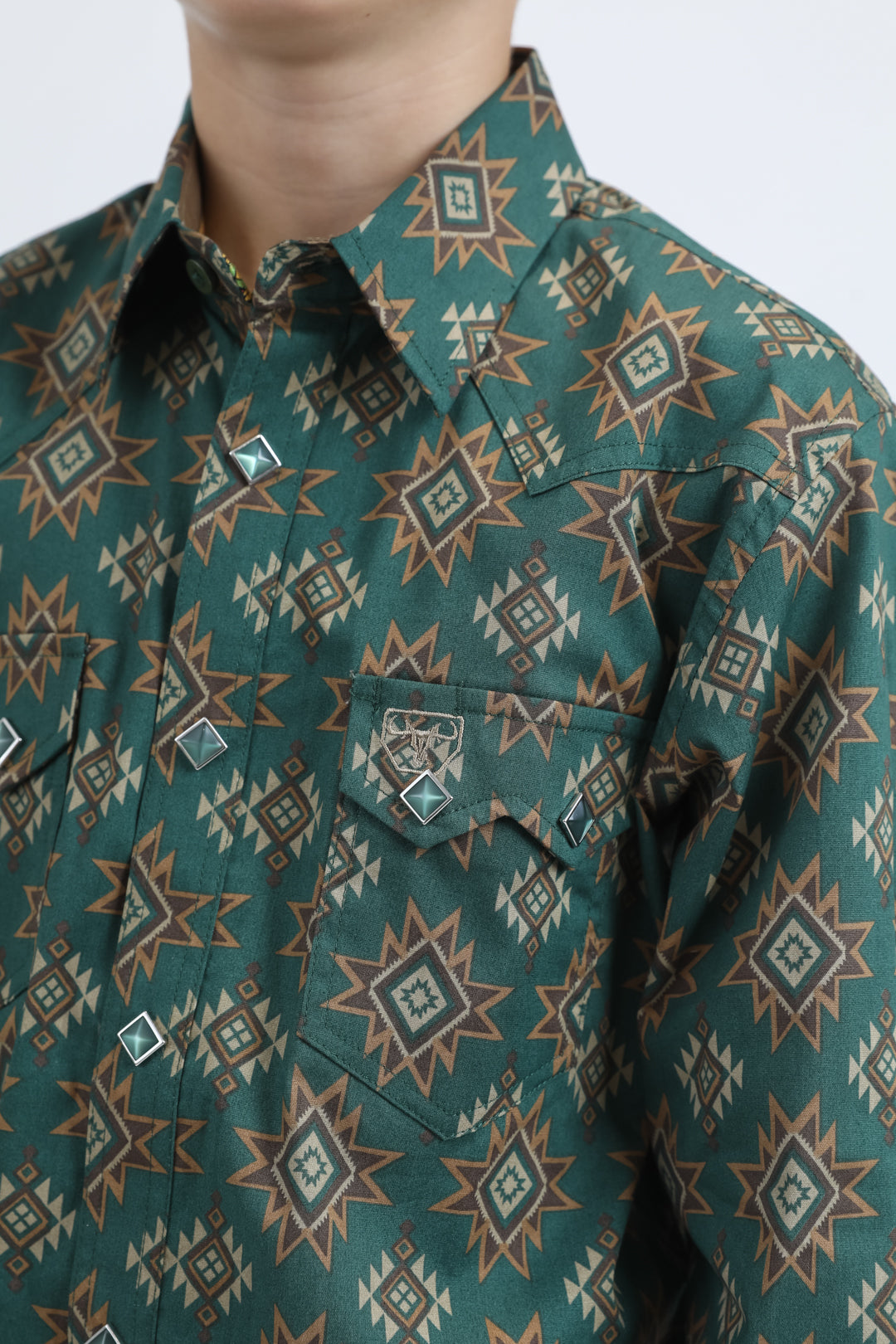 Kid's Western Modern Fit Cotton/Spandex Long Sleeve Green Shirt with Snaps