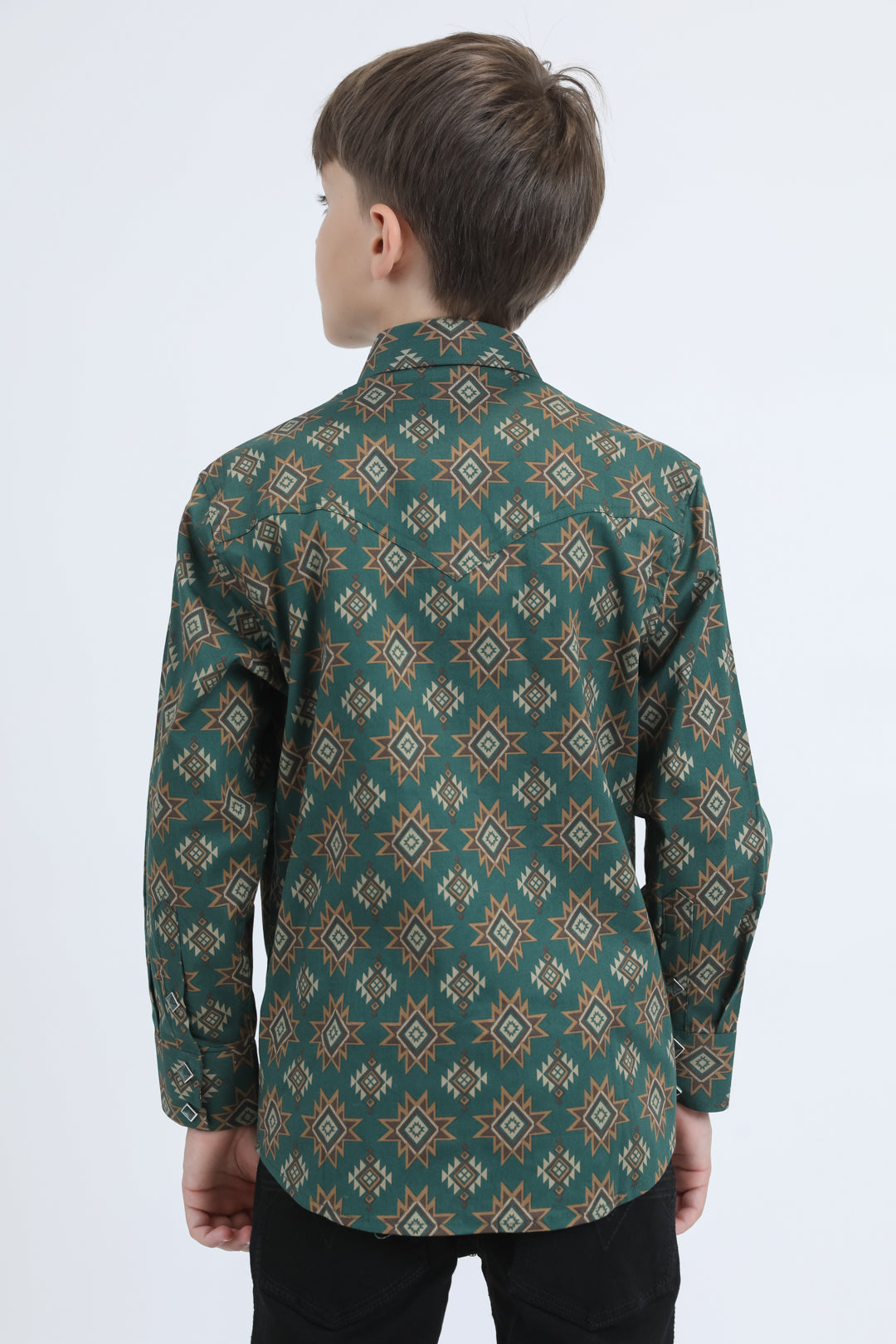 Kid's Western Modern Fit Cotton/Spandex Long Sleeve Green Shirt with Snaps