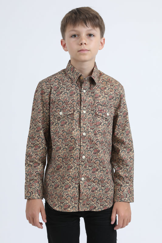 Kid's Western Modern Fit Cotton/Spandex Long Sleeve Khaki Shirt with Snaps