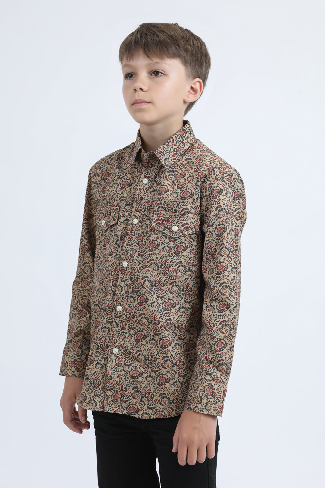 Kid's Western Modern Fit Cotton/Spandex Long Sleeve Khaki Shirt with Snaps