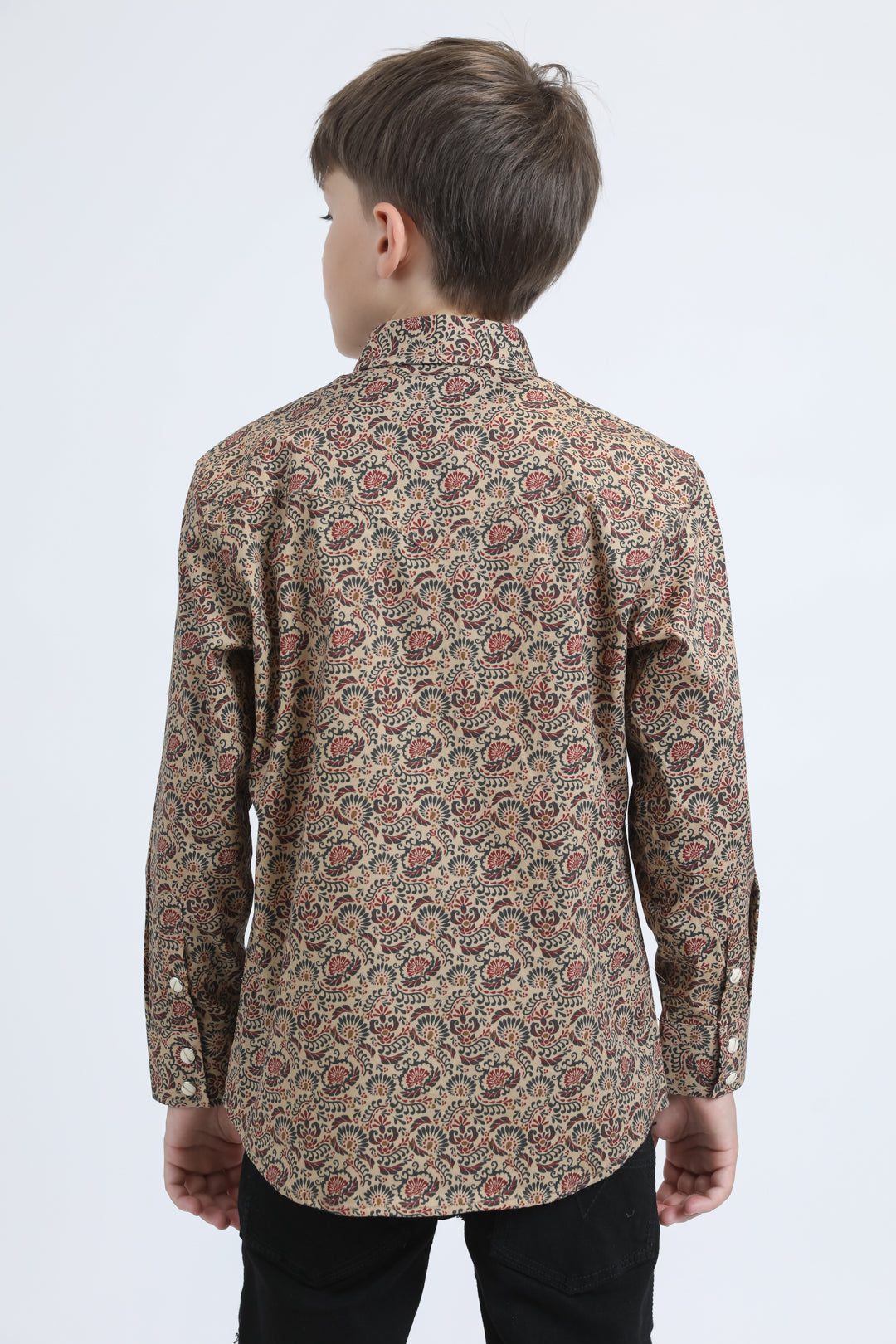 Kid's Western Modern Fit Cotton/Spandex Long Sleeve Khaki Shirt with Snaps