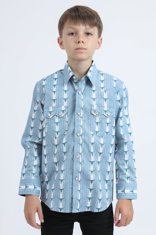 Kid's Western Modern Fit Cotton/Spandex Long Sleeve White Shirt with Snaps