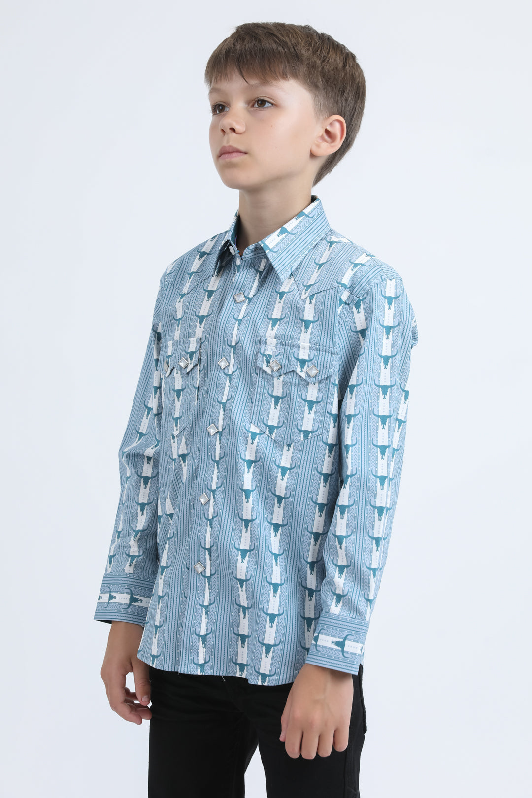 Kid's Western Modern Fit Cotton/Spandex Long Sleeve White Shirt with Snaps