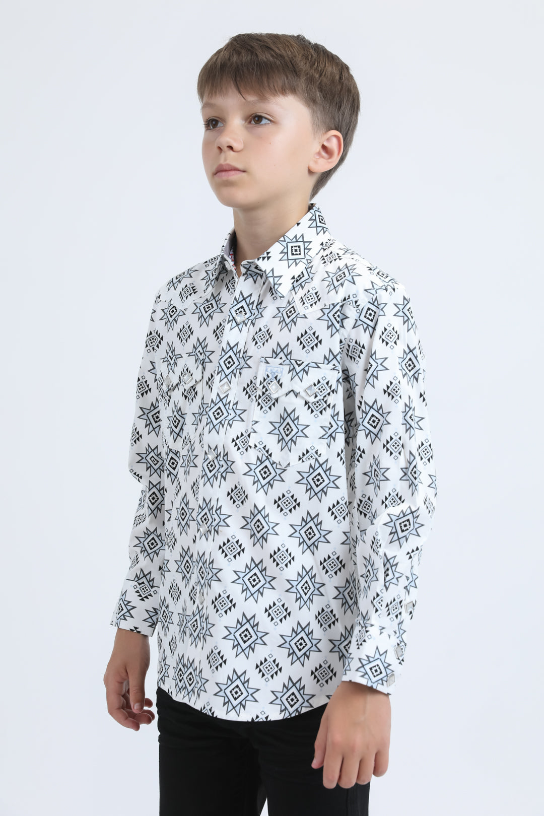 Kid's Western Modern Fit Cotton/Spandex Long Sleeve White Shirt with Snaps