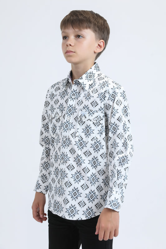 Kid's Western Modern Fit Cotton/Spandex Long Sleeve White Shirt with Snaps
