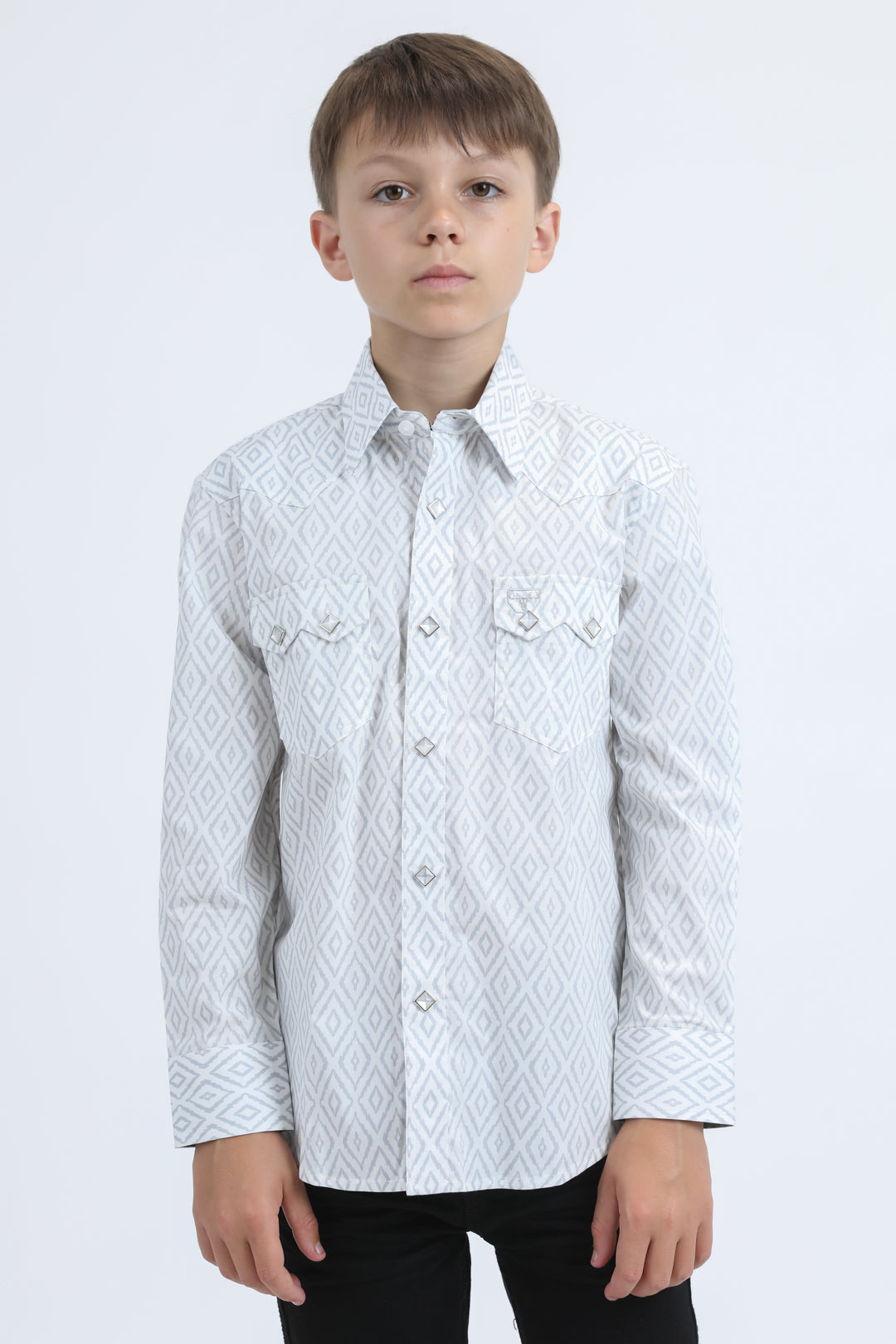 Kid's Western Modern Fit Cotton/Spandex Long Sleeve White Shirt with Snaps