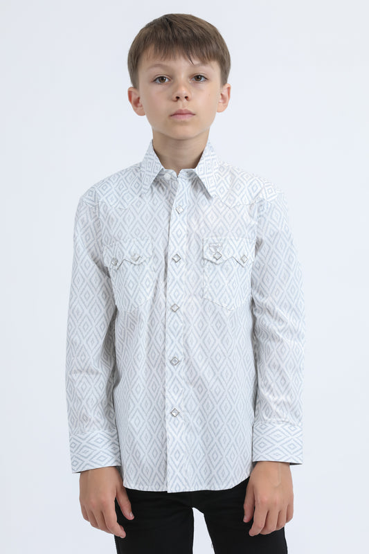 Kid's Western Modern Fit Cotton/Spandex Long Sleeve White Shirt with Snaps