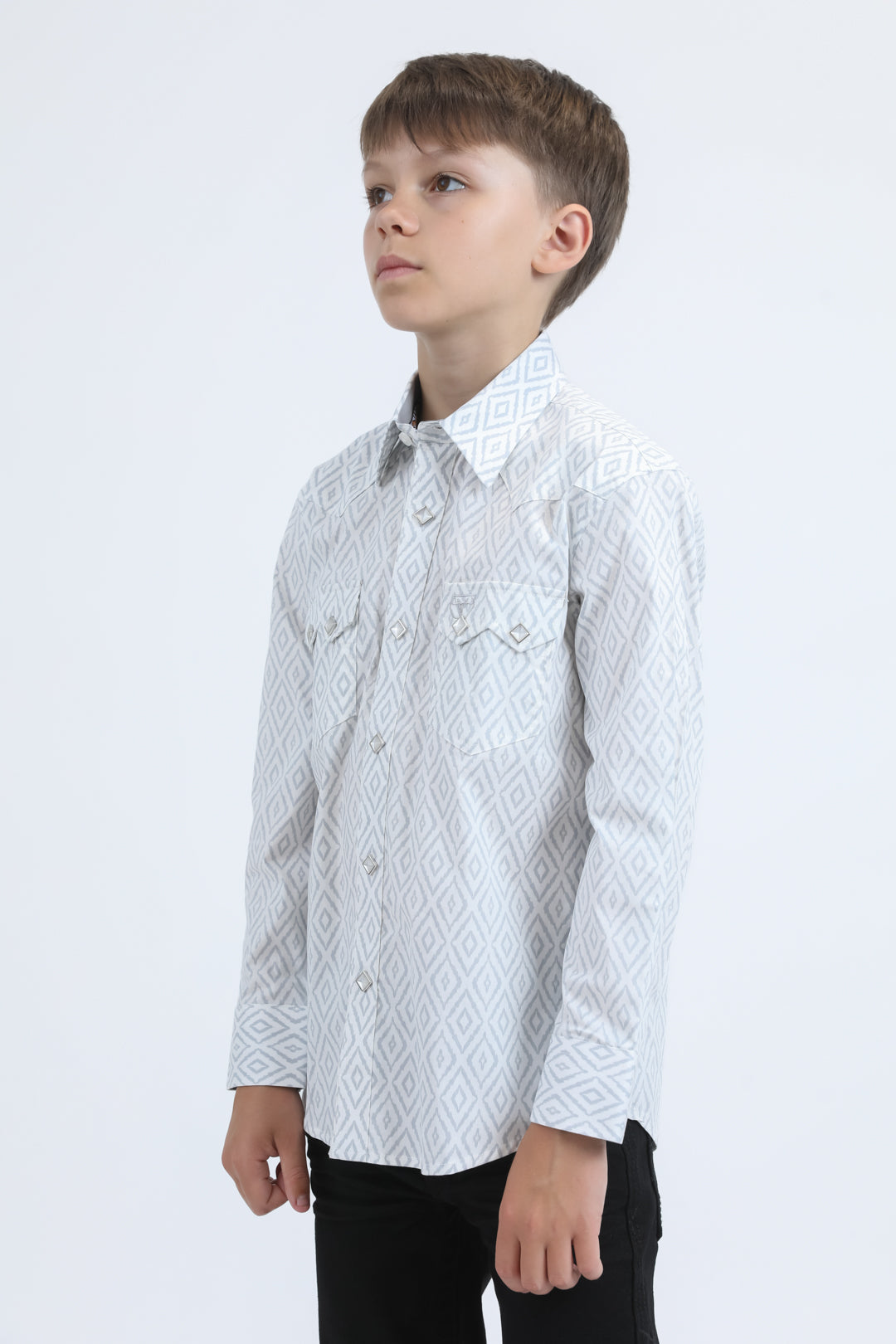 Kid's Western Modern Fit Cotton/Spandex Long Sleeve White Shirt with Snaps