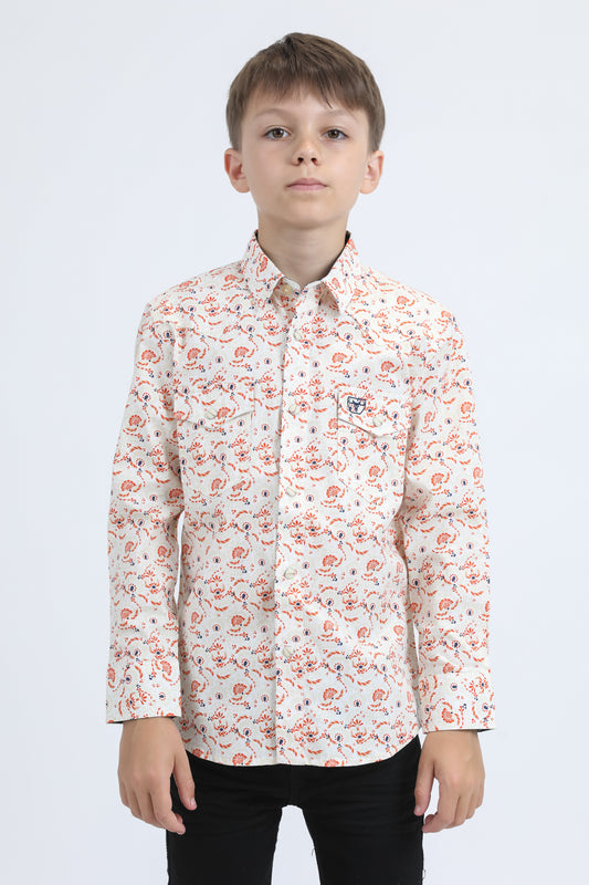 Kid's Western Modern Fit Cotton/Spandex Long Sleeve White Shirt with Snaps