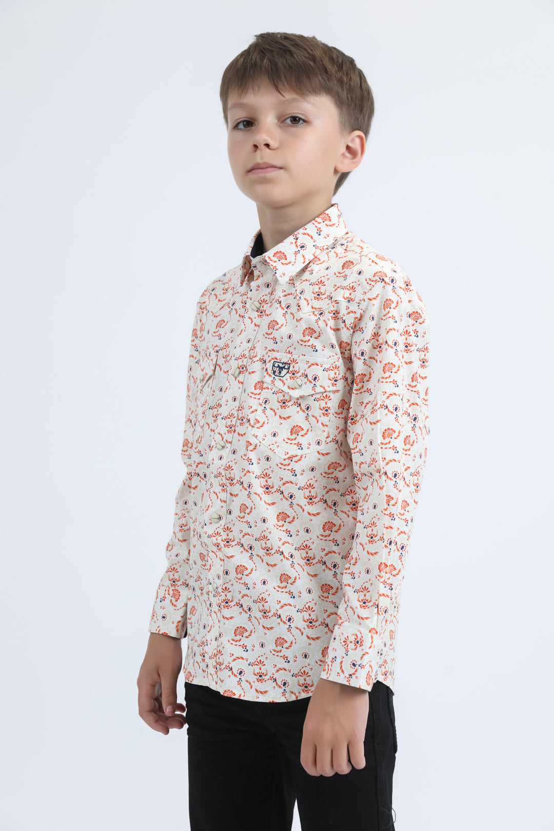 Kid's Western Modern Fit Cotton/Spandex Long Sleeve White Shirt with Snaps