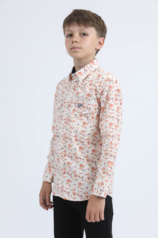 Kid's Western Modern Fit Cotton/Spandex Long Sleeve White Shirt with Snaps