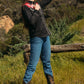 Woman with embroidered western shirt with suede detail front lifestyle