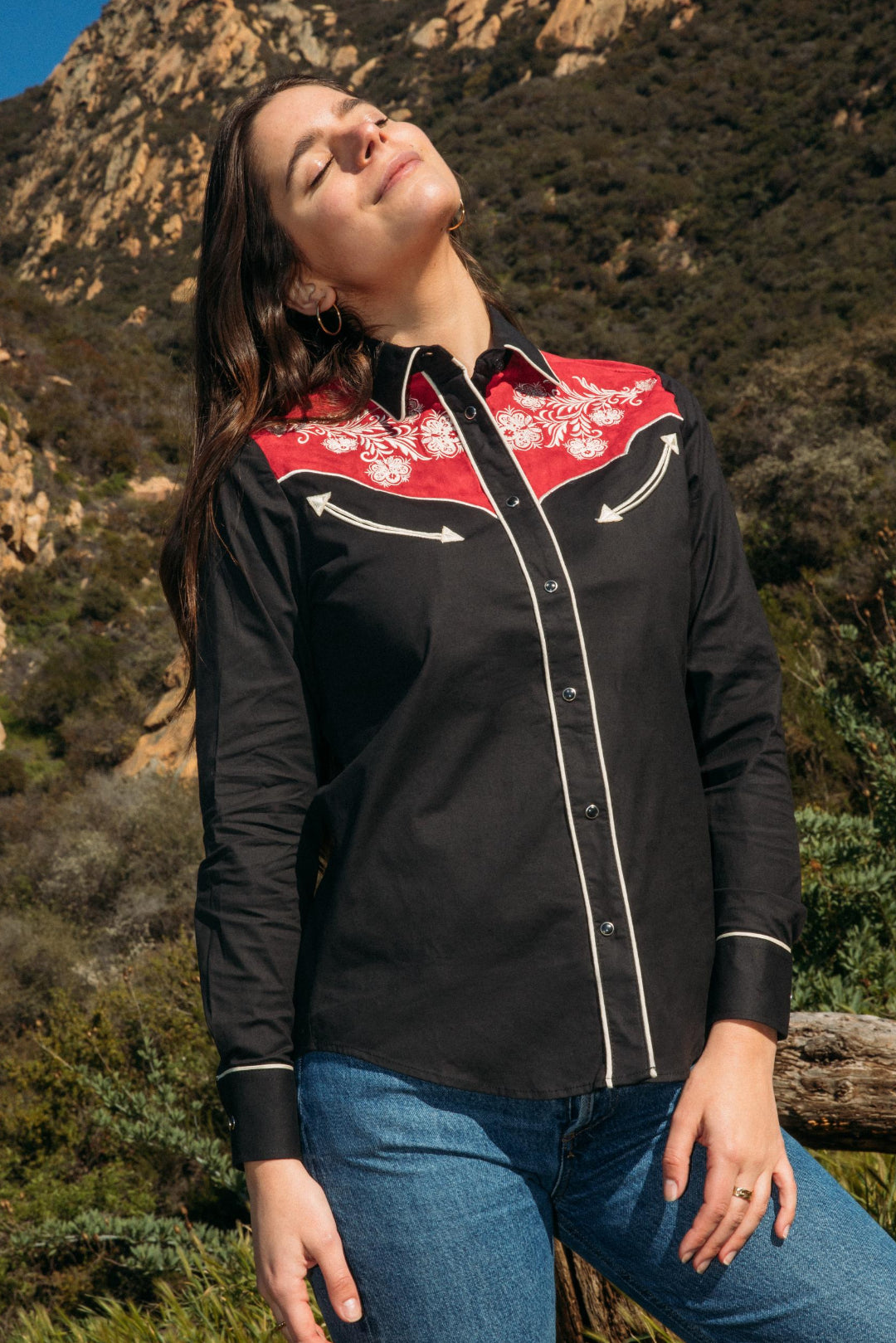 Woman with embroidered western shirt with suede detail front lifestyle