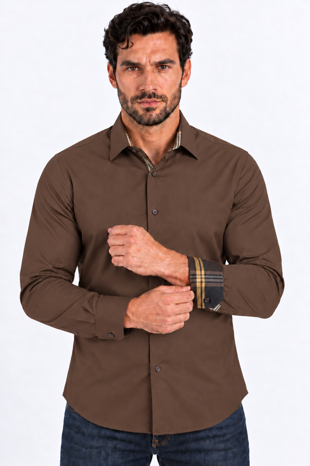 dark brown locke tartan trim dress shirt men platini front