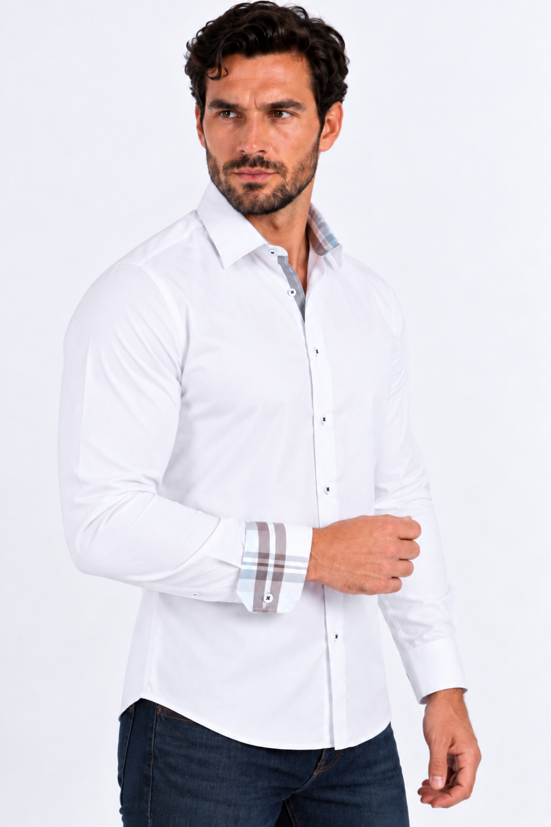 white locke tartan trim dress shirt men platini side