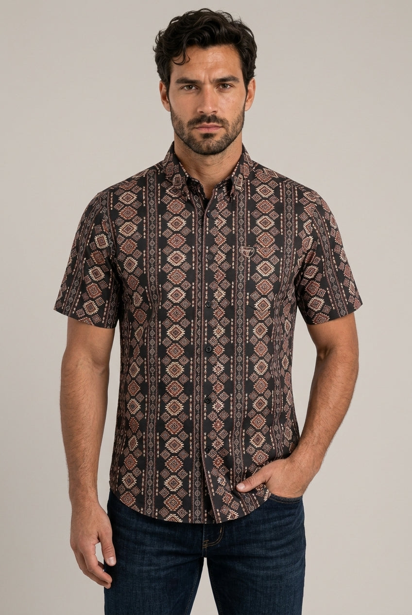 black aztec stripe short sleeve shirt men platini front