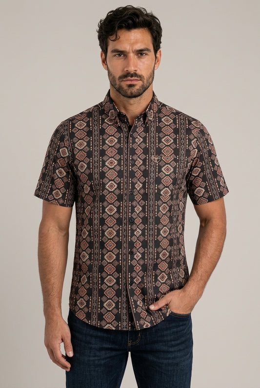 black aztec stripe short sleeve shirt men platini front