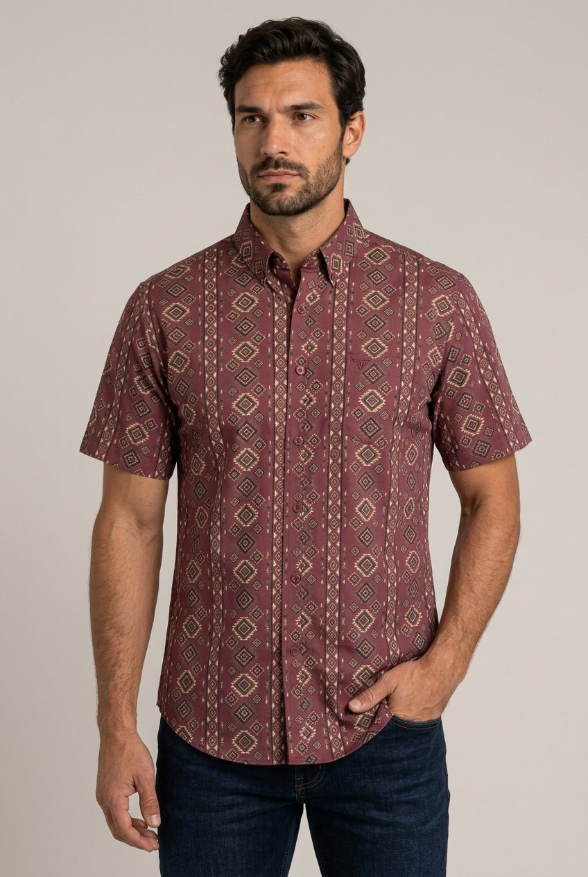 burgundy aztec stripe short sleeve shirt men platini front