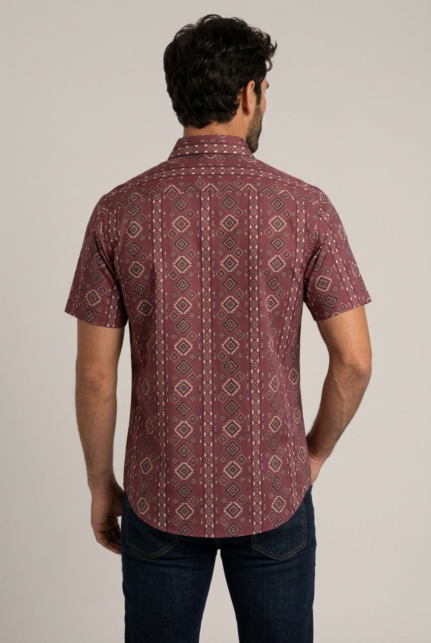 burgundy aztec stripe short sleeve shirt men platini back