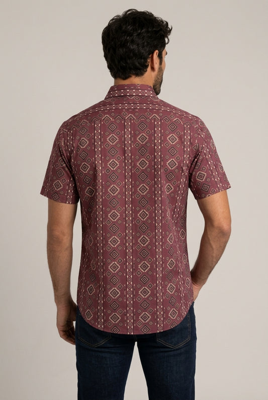 burgundy aztec stripe short sleeve shirt men platini back