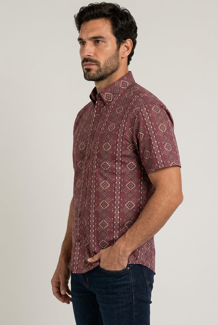 burgundy aztec stripe short sleeve shirt men platini side