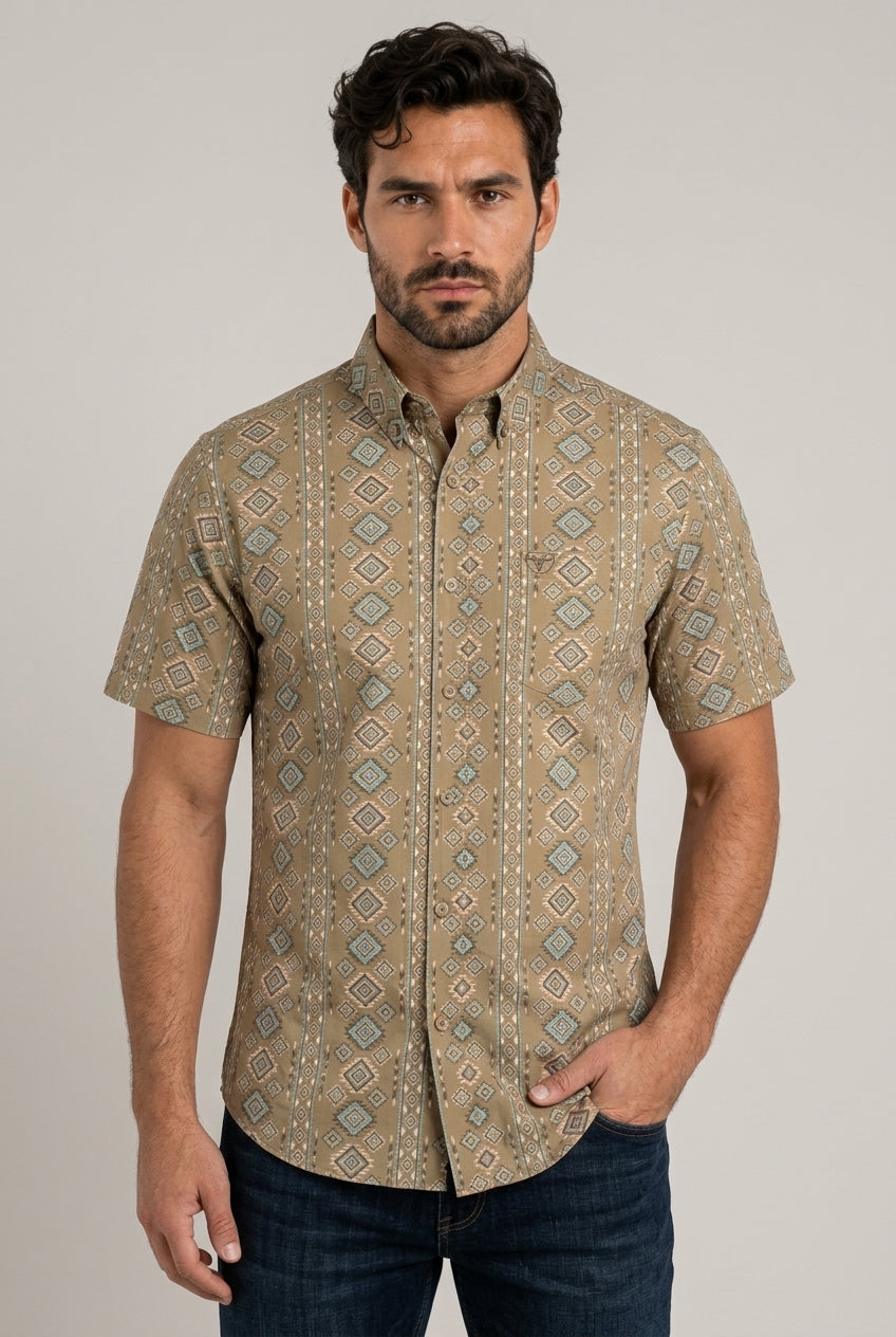 khaki aztec stripe short sleeve shirt men platini front
