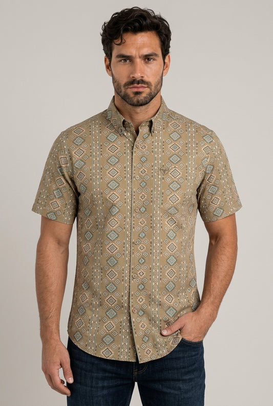 khaki aztec stripe short sleeve shirt men platini front
